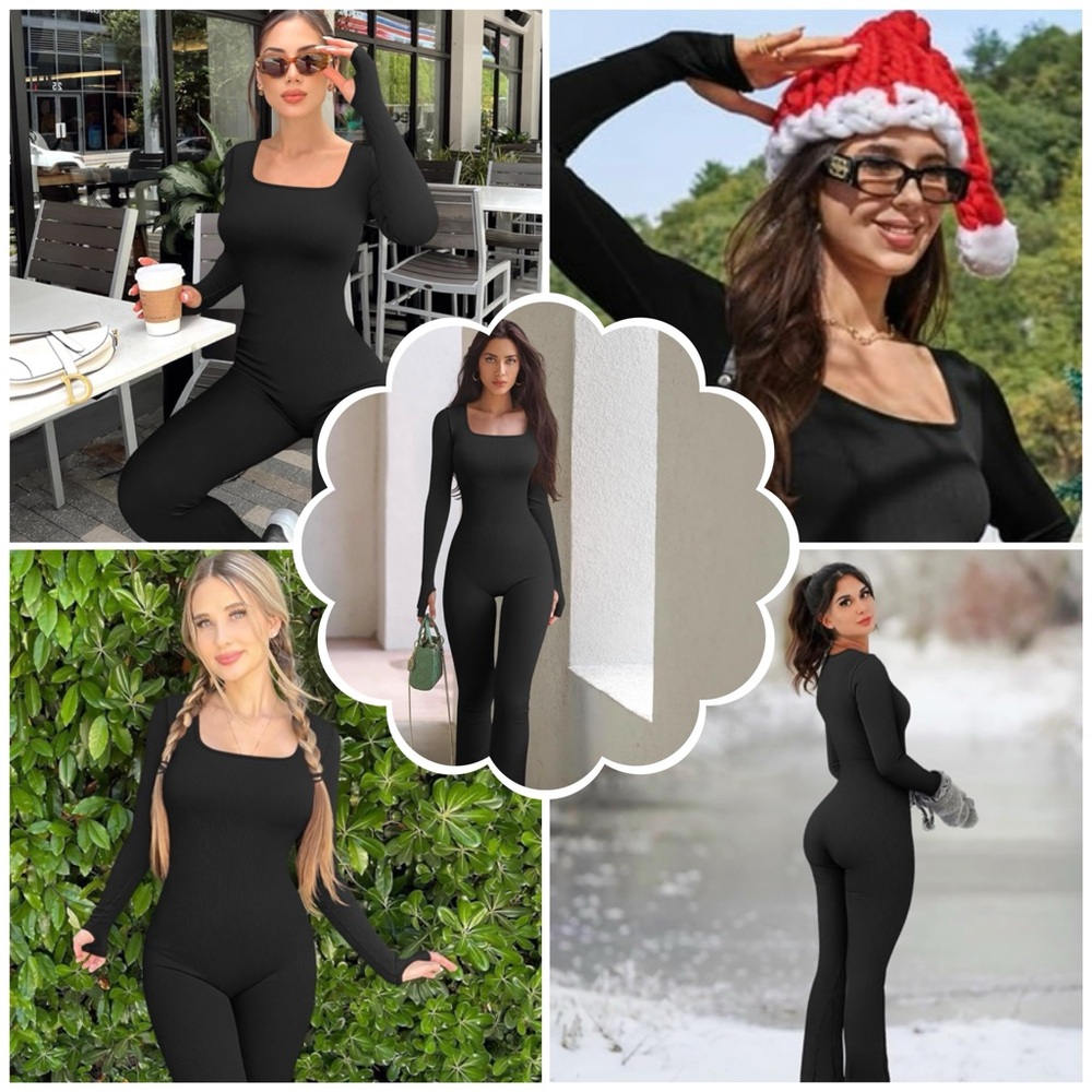 Ribbed Long Sleeve Bodysuit Flare Bottom Jumpsuits XL